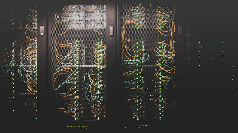 Racks de servidores conectados por cabos de rede em um data center